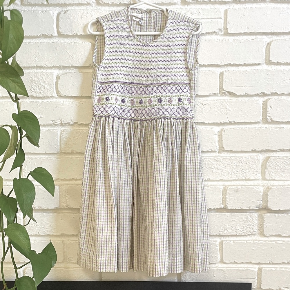 Celeste Smocked Gingham Dress. Lavender, white, green. Floral accents Size 4 EUC